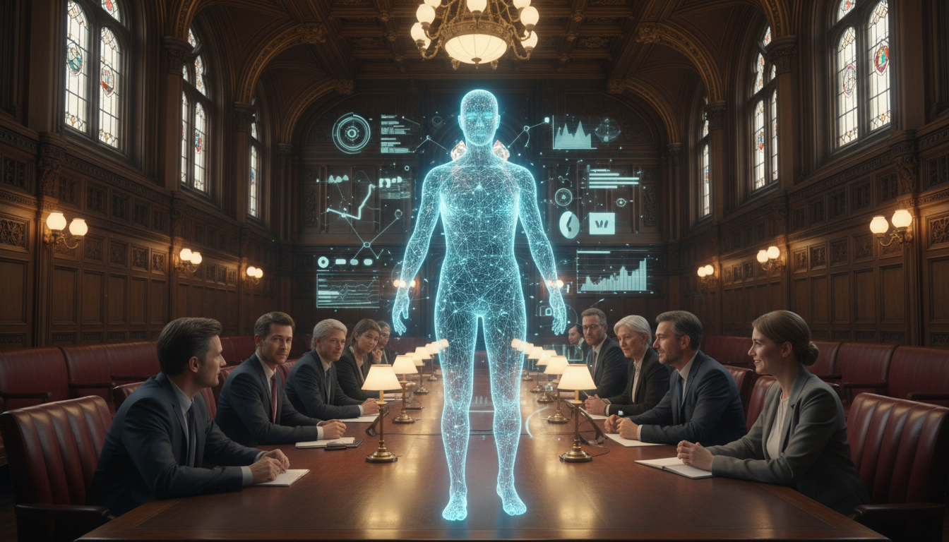 Parliament debate room full of marketing executives seated around a long table listening to a glowing holographic AI human at the centre, surrounded by data dashboards, symbolising AI as a strategic partner in promotional marketing.