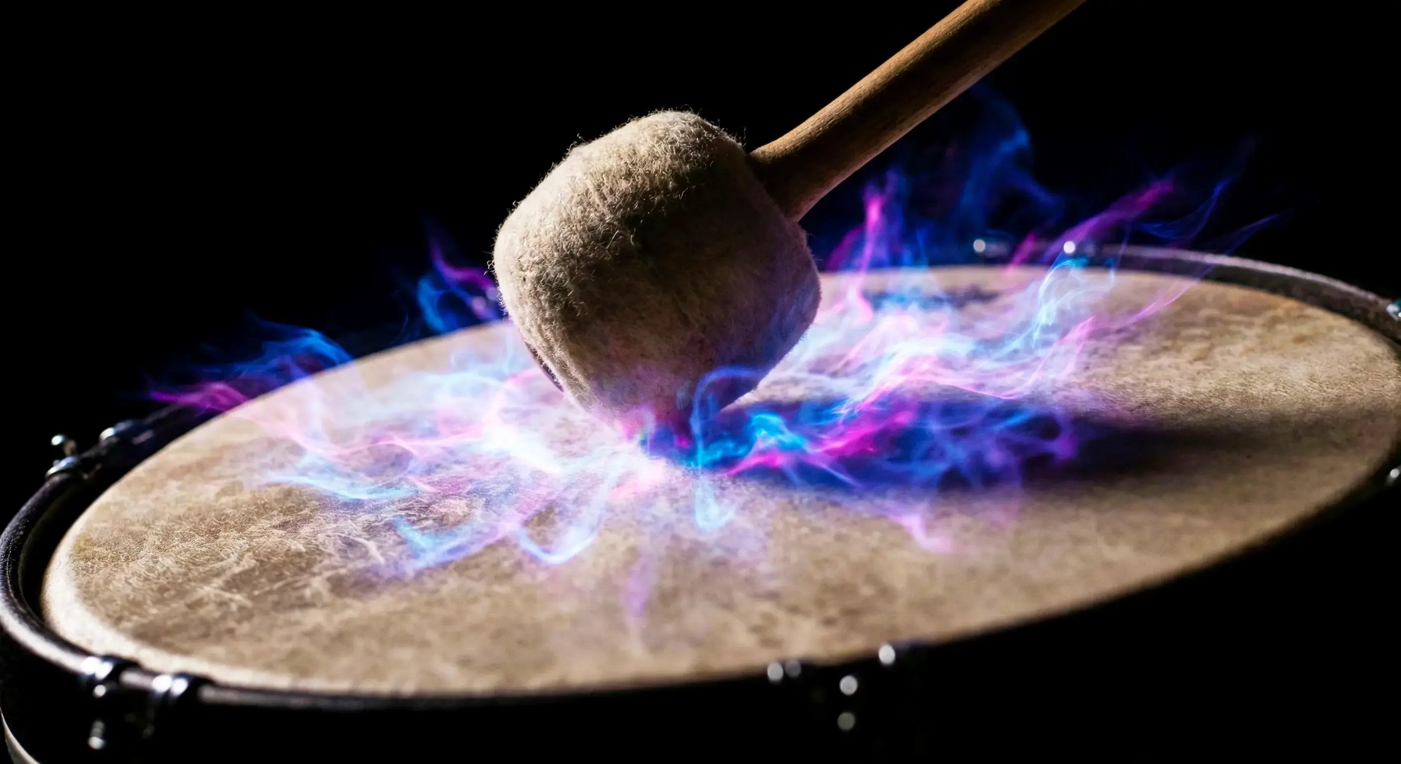 Macro close-up of a bass drum being struck, creating a shockwave of mixed Purple and Cyan light energy, representing the impact of human-AI collaboration.